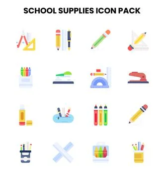 School Supplies Flat Set Icons Pack Stock Illustration