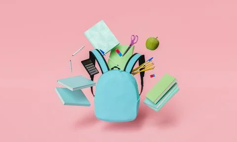School supplies floating with blue backpack and red pastel background Ilustração Stock