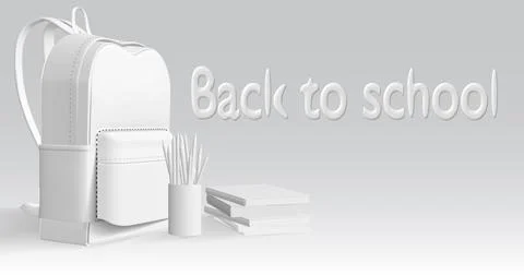 School supplies with a gray backpack on a white background, ideal for bright  Stock Illustration