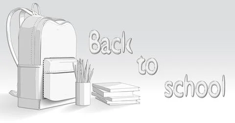 School supplies with a gray backpack on a white background, ideal for bright  Illustrazione stock