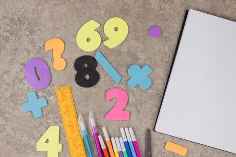 School supplies on grey background. Back to school. Stock Photos