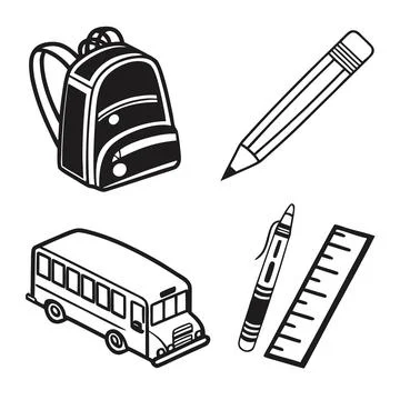 School supplies icons set with backpack, pencil, school bus &amp; ruler Stock Illustration