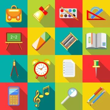 School supplies icons set, flat ctyle Stock Illustration