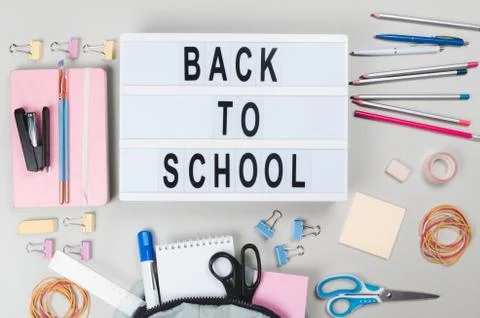 School supplies on light background Stock Photos
