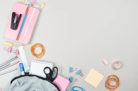 School supplies on light background Stock Photos
