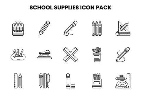 School Supplies Line Bundle Icons Pack Stock Illustration