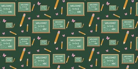 School supplies pattern with green chalkboards pencils erasers and paperclips on Stock-Illustration