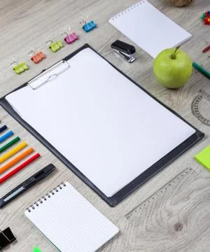 School supplies with pencils, paint Stock Photos