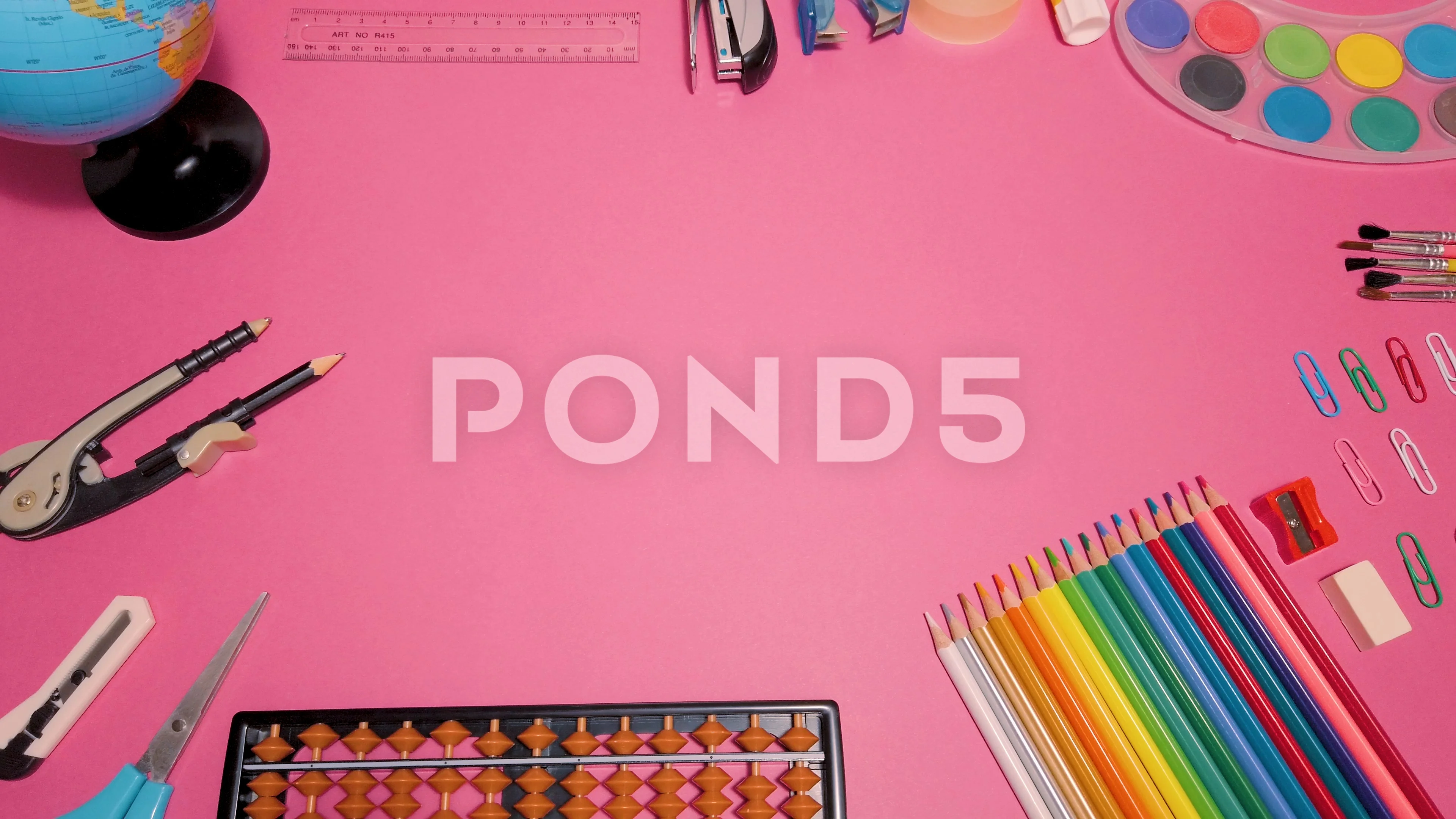 School supplies on pink board background, Stock Video