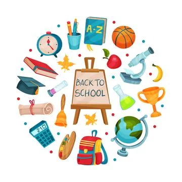 School supplies in round shape. Back to school backdrop, packaging, banner イラスト素材