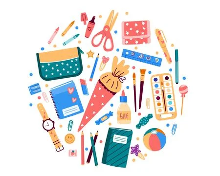 School supplies in round shape or banner.Vector illustration in flat style Stock Illustration