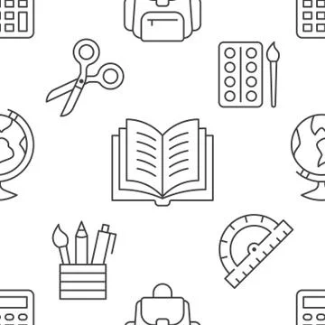 School supplies seamless pattern with line icons. Study tools background - globe 스톡 일러스트