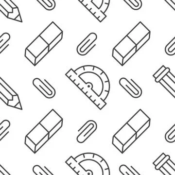 School supplies seamless pattern with line icons. Study tools background - Stock Illustration