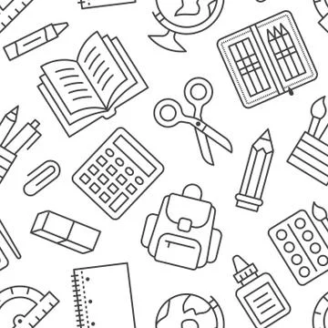 School supplies seamless pattern with line icons. Study tools background - globe Stockillustratie