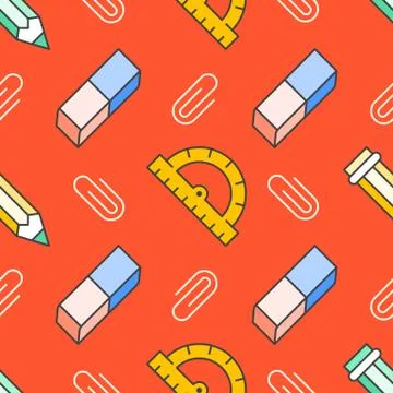 School supplies seamless pattern with line icons. Study tools background - Stock Illustration