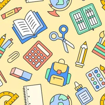 School supplies seamless pattern with line icons. Study tools background - globe 스톡 일러스트