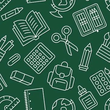 School supplies seamless pattern with line icons. Study tools background - globe Illustrazione stock