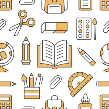 School supplies seamless pattern with line icons. Study tools background - globe 스톡 일러스트