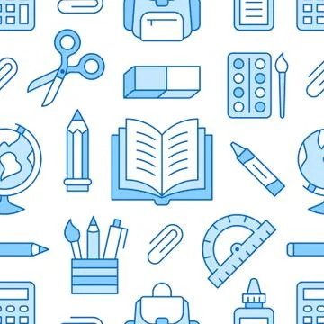 School supplies seamless pattern with line icons. Study tools background - globe 스톡 일러스트