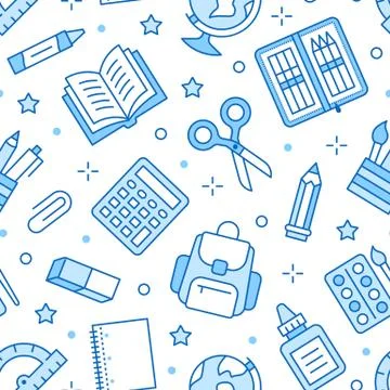 School supplies seamless pattern with line icons. Study tools background - globe Stockillustratie