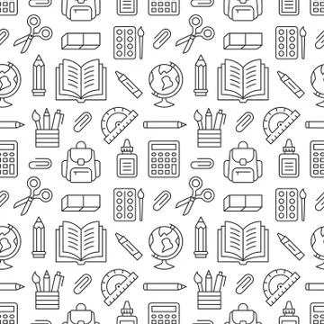 School supplies seamless pattern with line icons. Study tools background - globe Stockillustratie