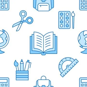 School supplies seamless pattern with line icons. Study tools background - globe 스톡 일러스트
