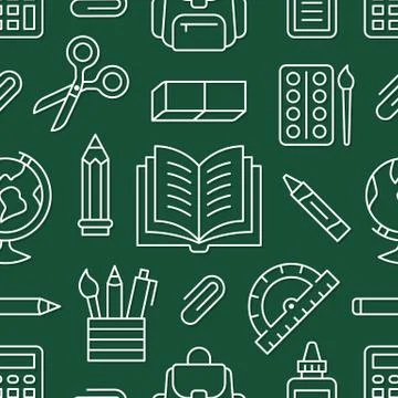 School supplies seamless pattern with line icons. Study tools background - globe 스톡 일러스트