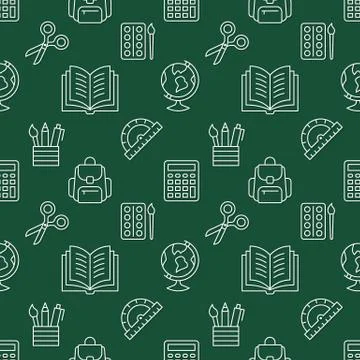 School supplies seamless pattern with line icons. Study tools background - globe Stock Illustration