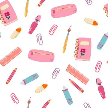 School supplies seamless pattern. Stationery background texture. For Back to  Stock Illustration