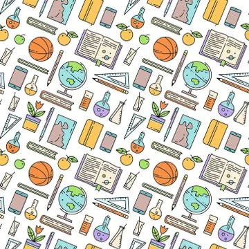 School supplies seamless pattern on white background Stock Illustration