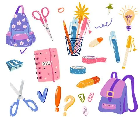 School supplies set. Back to school. Hand draw School equipment icons. Vector Stock Illustration