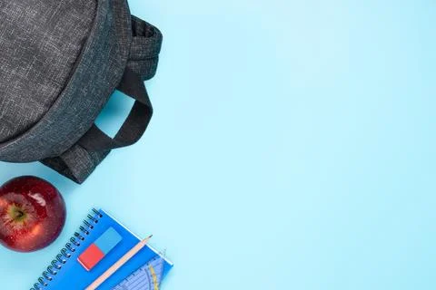 School supplies set backpack apple notebook Stock Photos