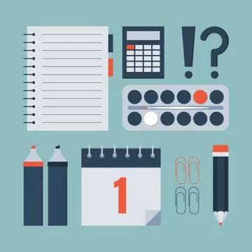 School supplies set with calculator, notebook, pencils, paints, calendar, etc Illustrazione stock