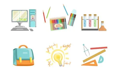 School Supplies Set, Computer, Crayons, Test Tubes, Ruler, Compass Tool Illustrazione stock