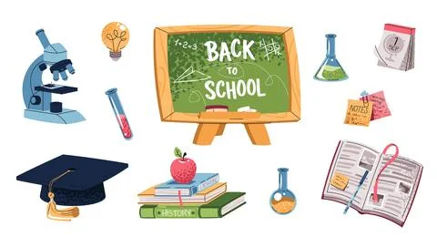 School Supplies Set in Flat Design. Chalkboard, Textbooks, Microscope Stock Illustration