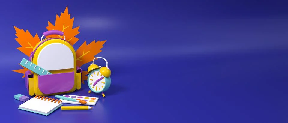 School supplies set render. 3d concept illustration 스톡 일러스트