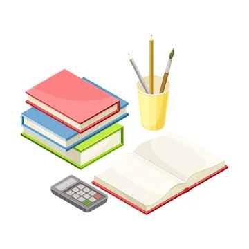 School supplies set. Stack of books, notebook, pencil, calculator isometric Stock Illustration