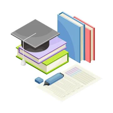 School supplies set. Stack of books, notebook, marker, graduation cap isometric Stock Illustration