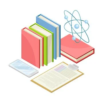 School supplies set. Stack of books, notebook and smartphone isometric vector Illustrazione stock