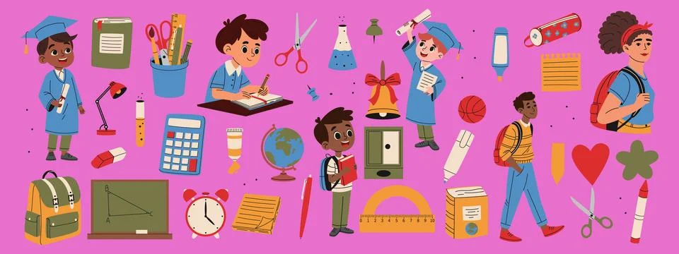 School supplies set. Student, backpack, alarm clock, button, marker, lamp, .. イラスト素材
