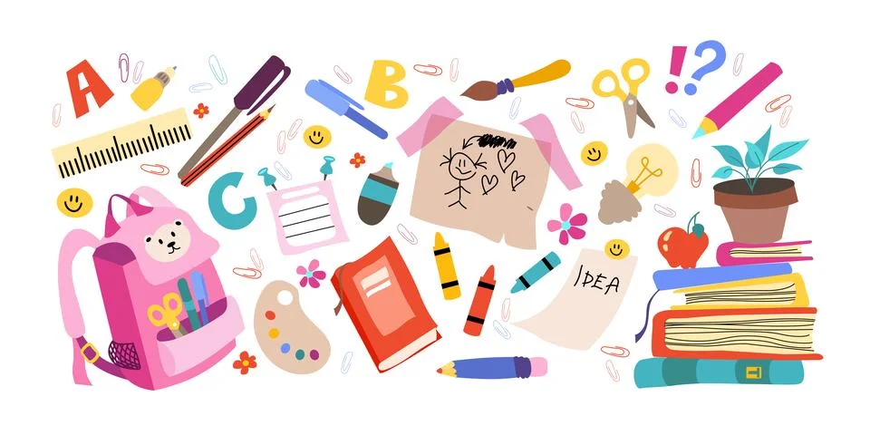 School supplies set with vector backpack, pencils, brushes, paints, ruler, bo Stock Illustration