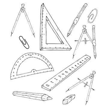 School supplies set. Vector illustration set of rulers, compasses, pencils, p Stock Illustration