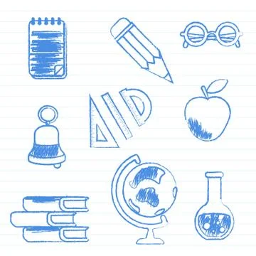 School supplies. Set of vector illustrations on textbook page Stock Illustration