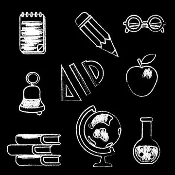 School supplies. Set of vector illustrations on blackboard Stock Illustration