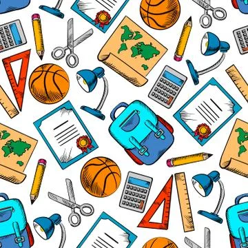 School supplies, sporting items seamless pattern Stock Illustration