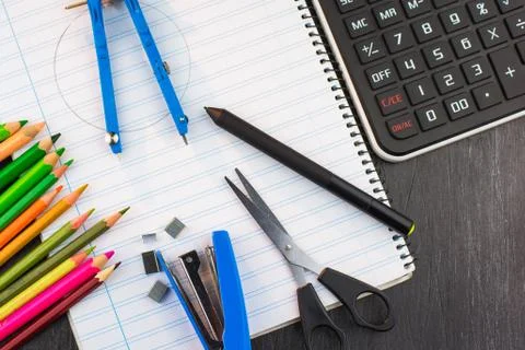 School supplies on a table Stock Photos