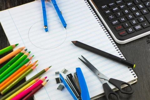 School supplies on a table Stock Photos