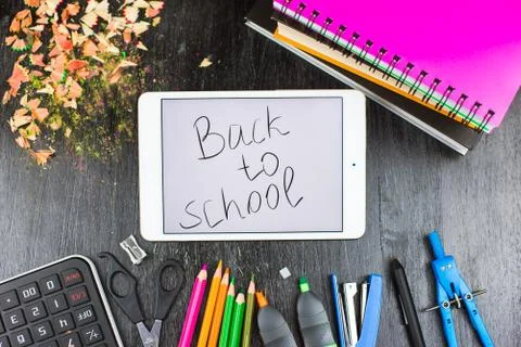 School supplies on a table Stock Photos