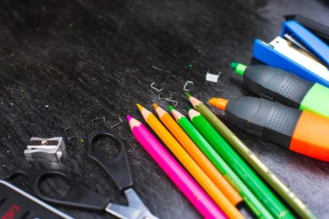 School supplies on a table Stock Photos