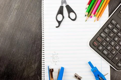 School supplies on a table Stock Photos